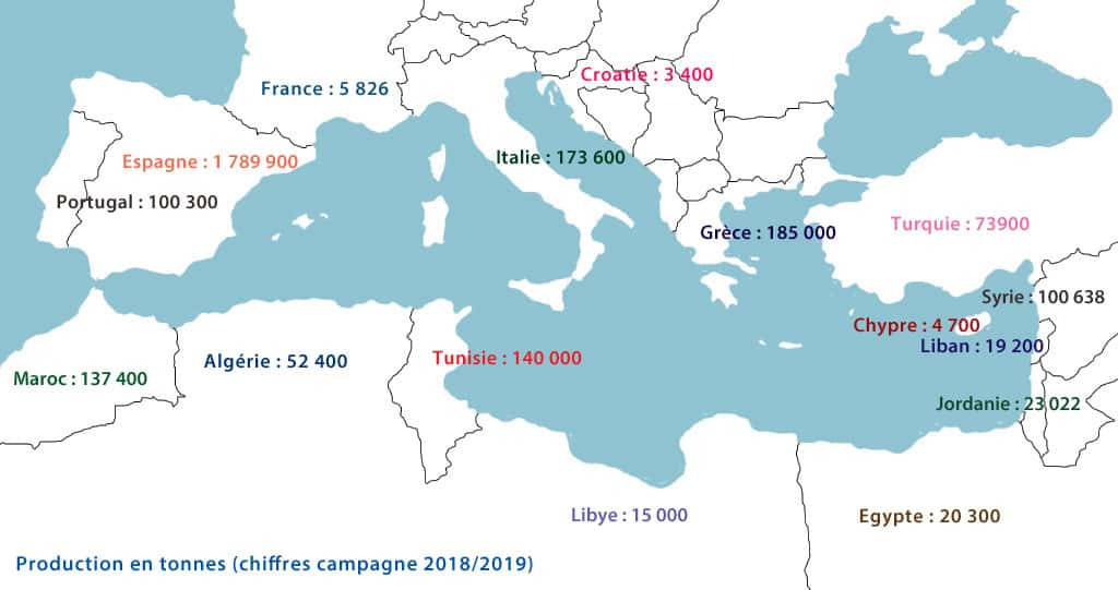 Carte de la répartition de la production méditerranéenne d'huile d'olive